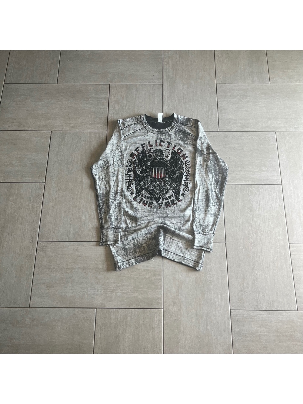 Affliction Long Sleeve Reverse Graphic Shirt Black Gray XL